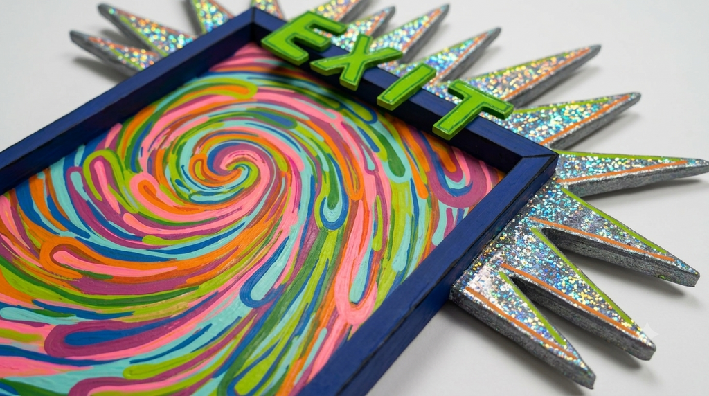 Exit to Elsewhere detail view, mixed media 3D wall art texture