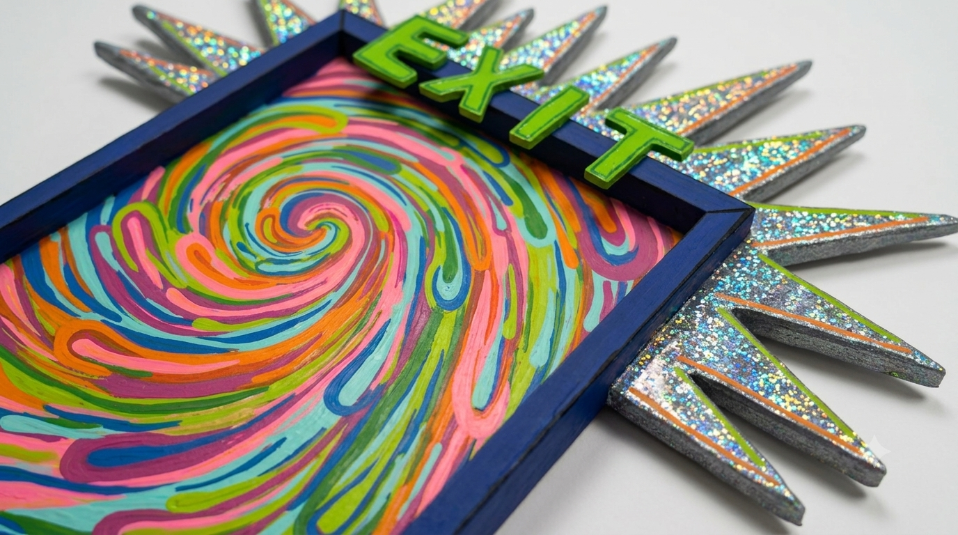 Exit to Elsewhere detail view, mixed media 3D wall art texture