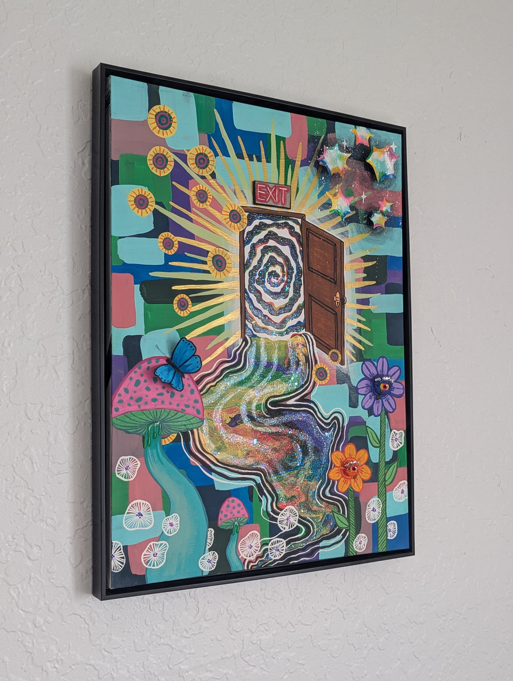 Detail view of Escaping Wonderland mixed media 3D wall art texture