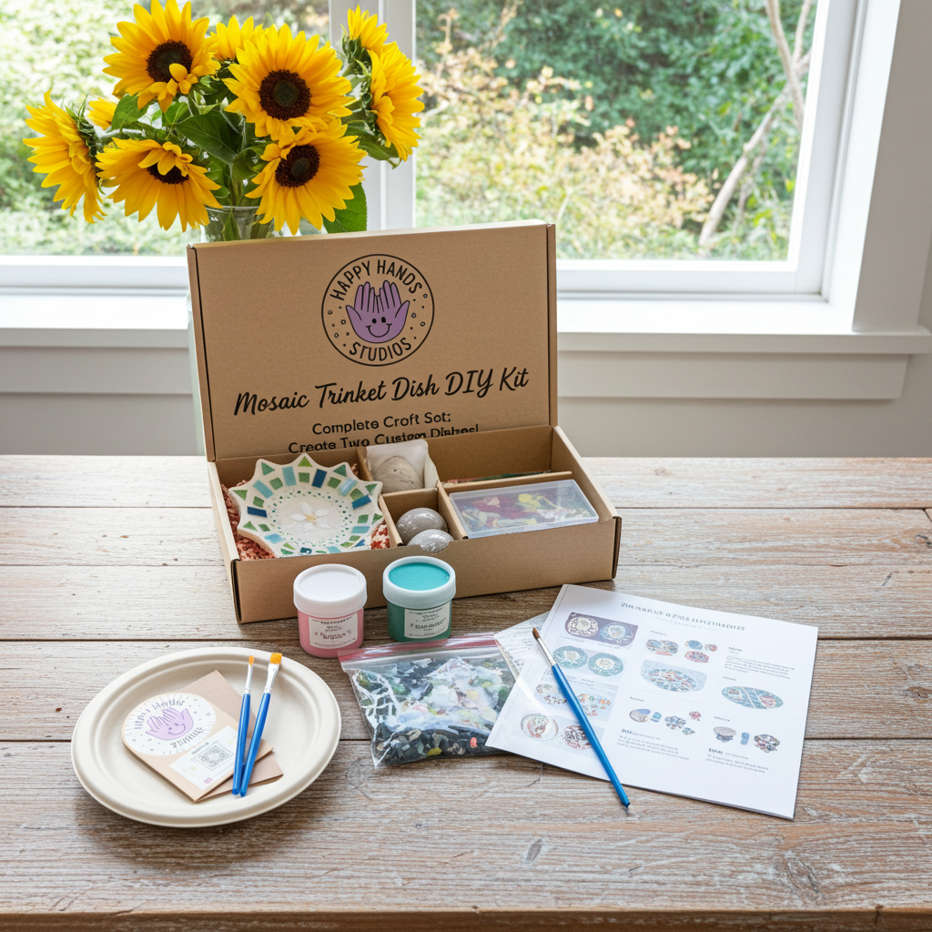DIY mosaic trinket dish kit contents and finished dish example